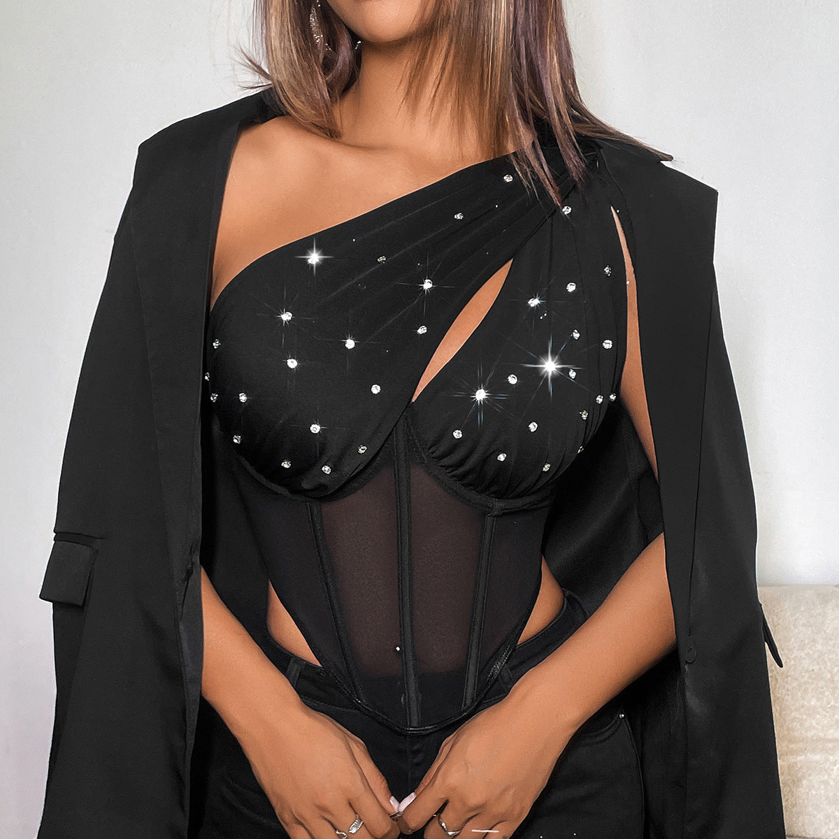 LADIES ONE SHOULDER TOP BLACK (SIZE S - L)