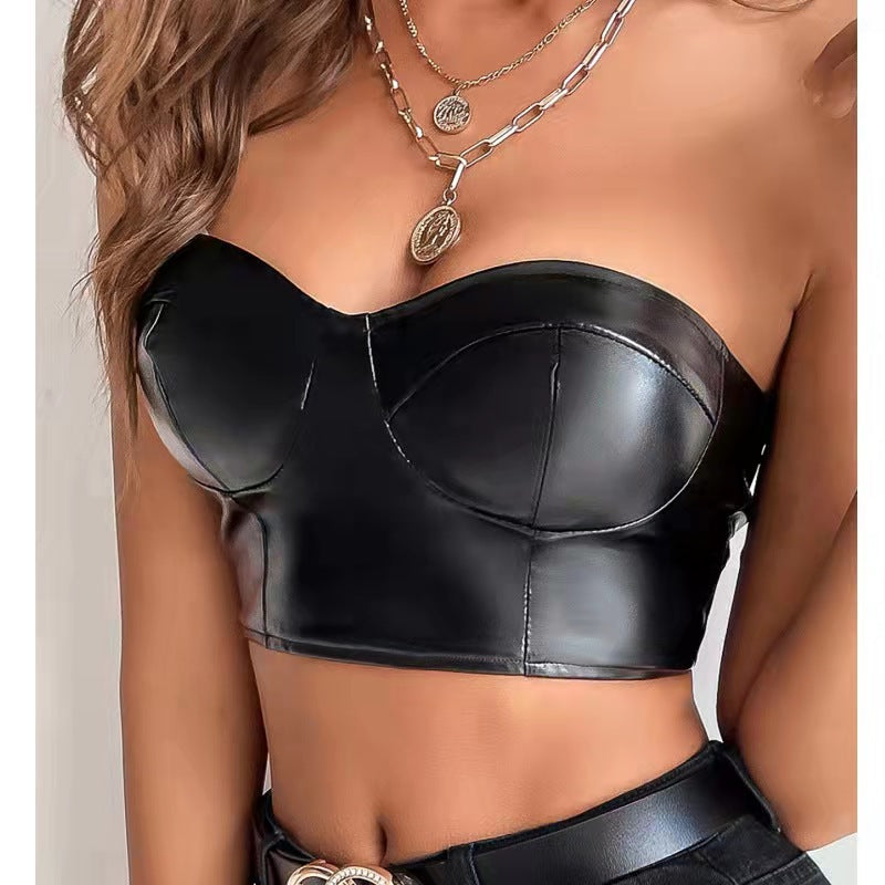 LADIES PU LEATHER STRAPLESS TOP BLACK / BROWN (SIZE S - XL)