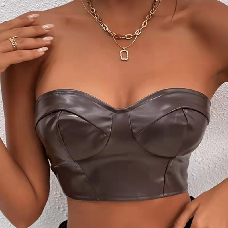 LADIES PU LEATHER STRAPLESS TOP BLACK / BROWN (SIZE S - XL)