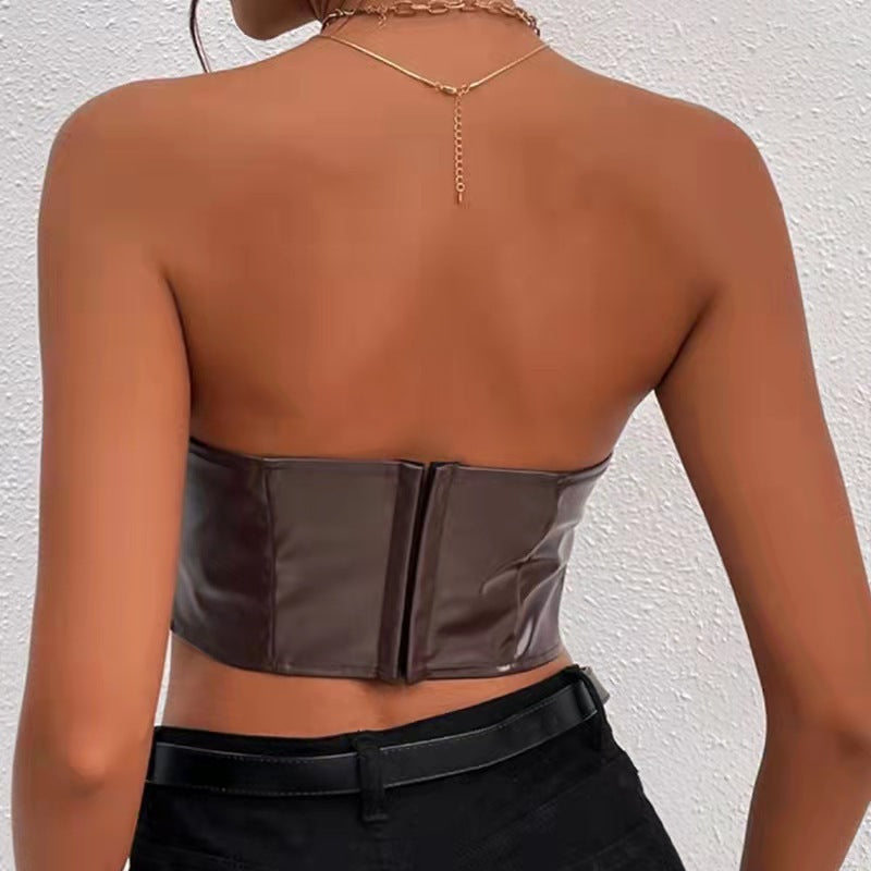 LADIES PU LEATHER STRAPLESS TOP BLACK / BROWN (SIZE S - XL)