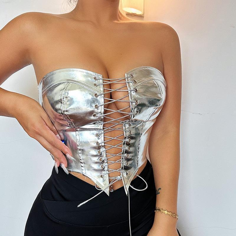 LADIES STRAPLESS LACE UP TOP SILVER / GOLD (SIZE S - L)