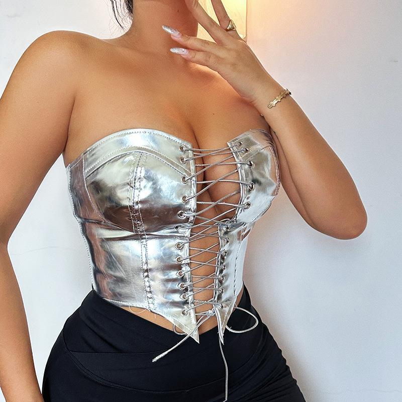 LADIES STRAPLESS LACE UP TOP SILVER / GOLD (SIZE S - L)