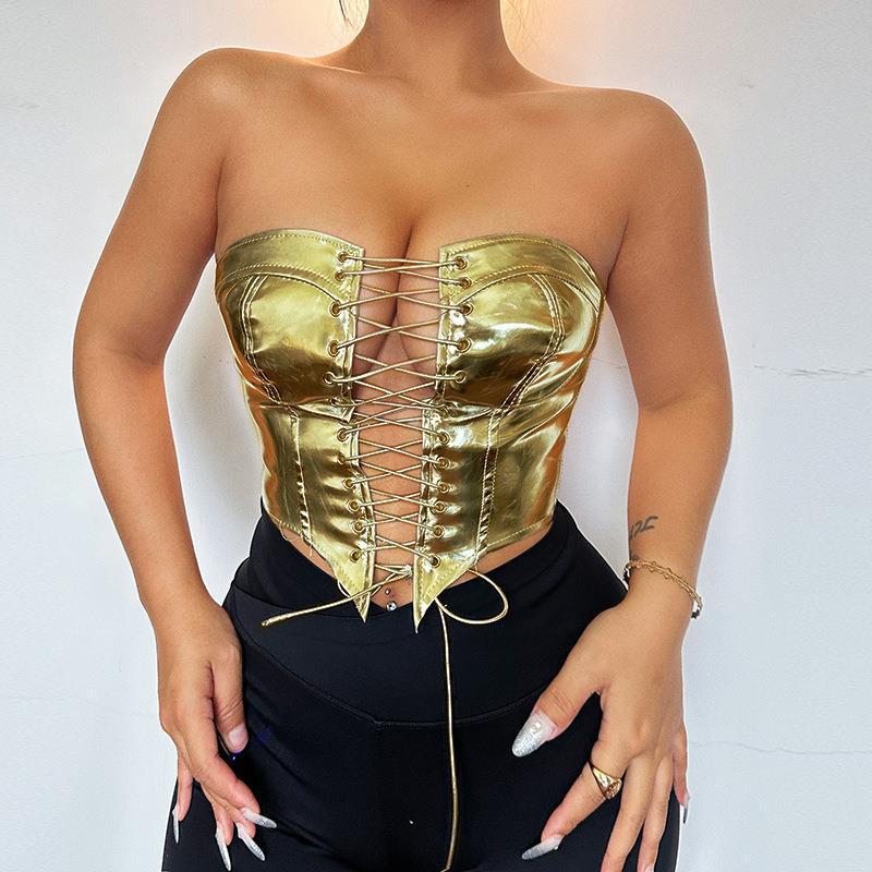 LADIES STRAPLESS LACE UP TOP SILVER / GOLD (SIZE S - L)