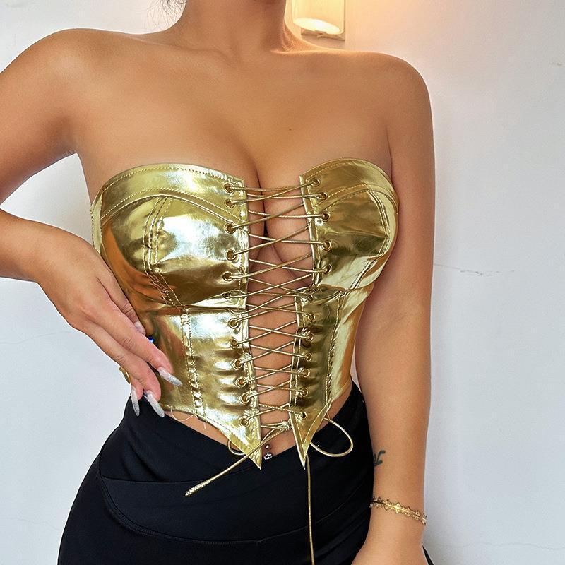 LADIES STRAPLESS LACE UP TOP SILVER / GOLD (SIZE S - L)