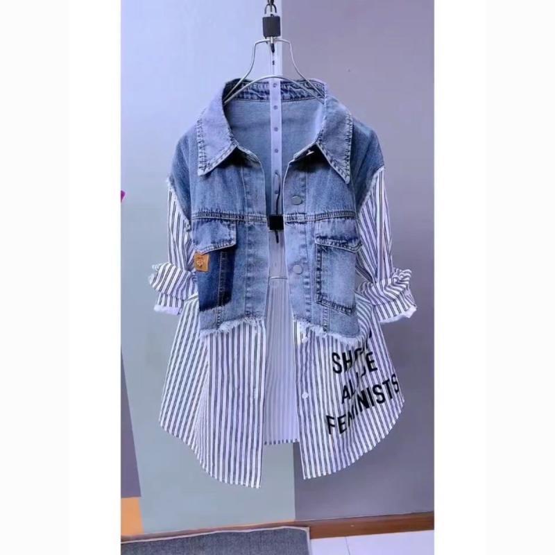 LADIES LONG SLEEVE DENIM TOP WHITE / STRIPED (SIZE M - 4XL)