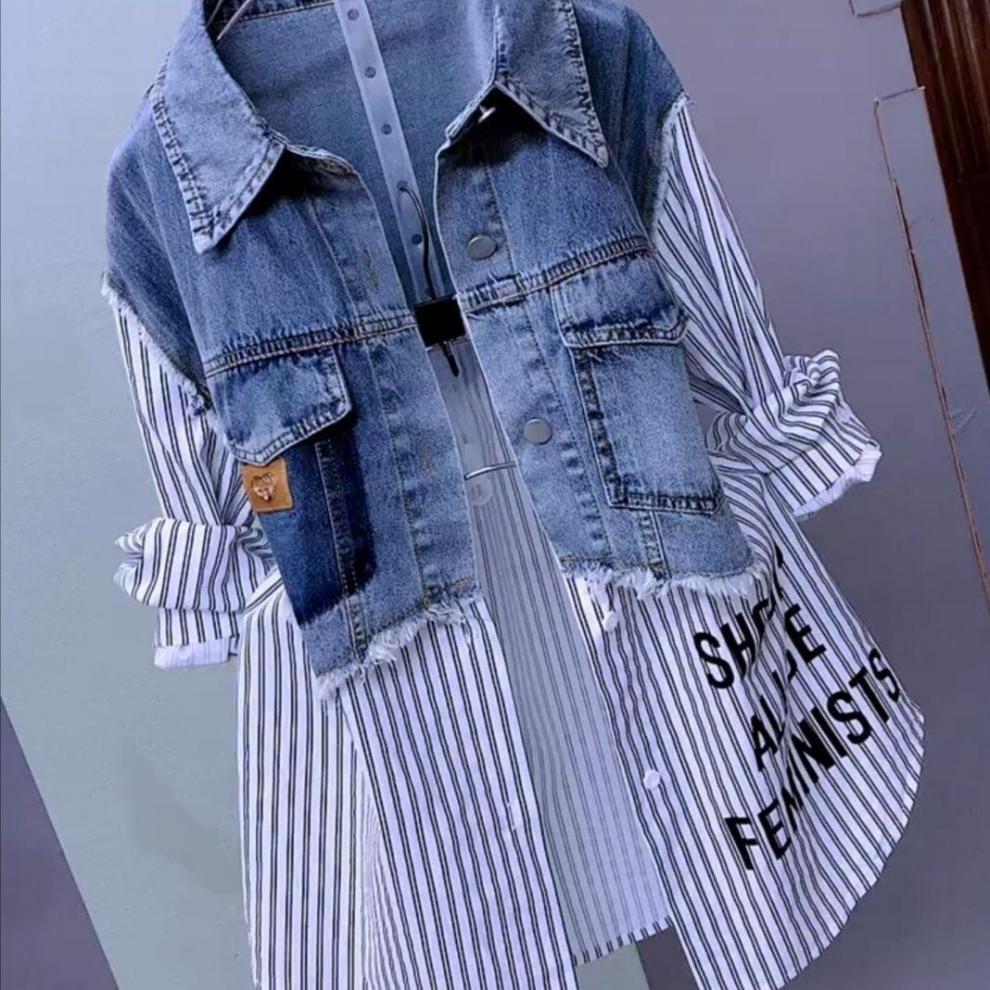 LADIES LONG SLEEVE DENIM TOP WHITE / STRIPED (SIZE M - 4XL)