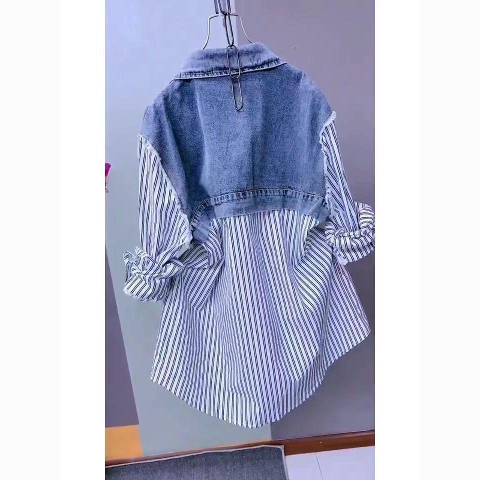 LADIES LONG SLEEVE DENIM TOP WHITE / STRIPED (SIZE M - 4XL)