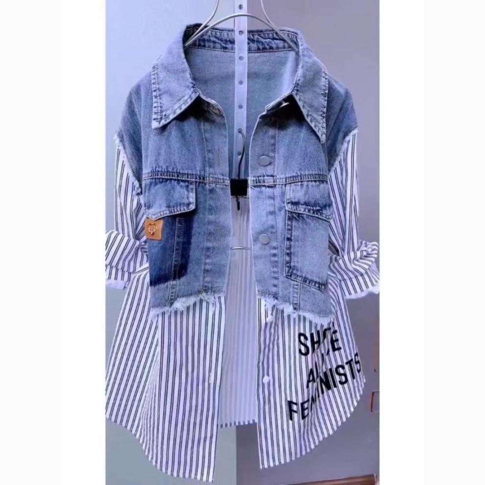 LADIES LONG SLEEVE DENIM TOP WHITE / STRIPED (SIZE M - 4XL)