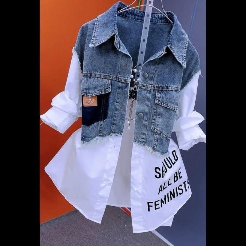LADIES LONG SLEEVE DENIM TOP WHITE / STRIPED (SIZE M - 4XL)