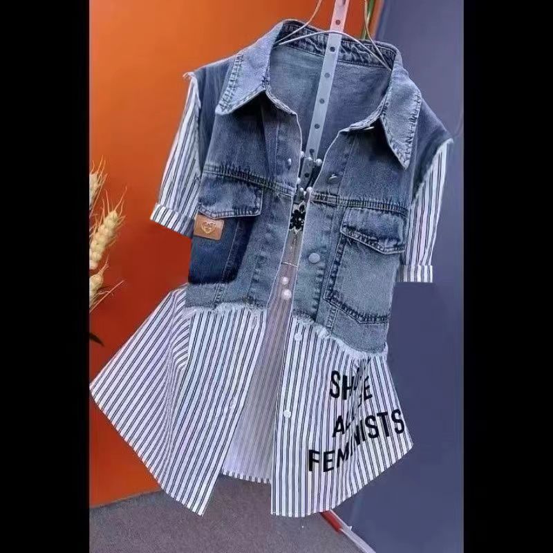 LADIES SHORT SLEEVE DENIM TOP WHITE / STRIPED (SIZE M - 4XL)