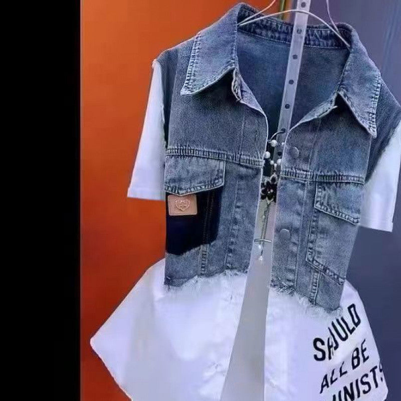 LADIES SHORT SLEEVE DENIM TOP WHITE / STRIPED (SIZE M - 4XL)