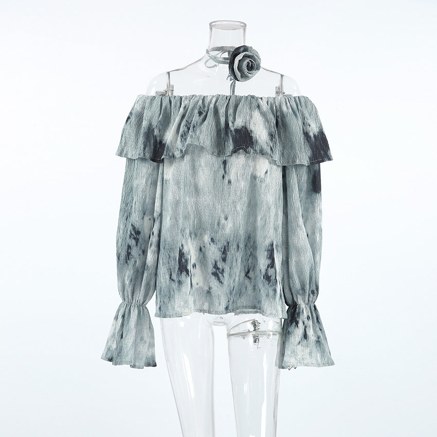 LADIES OFF THE SHOULDER LONG SLEEVE TOP BLUE-GRAY (SIZE S - L)