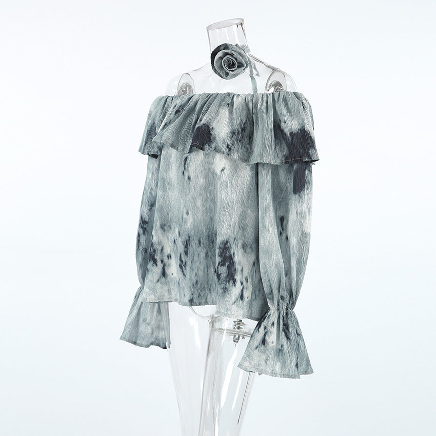LADIES OFF THE SHOULDER LONG SLEEVE TOP BLUE-GRAY (SIZE S - L)