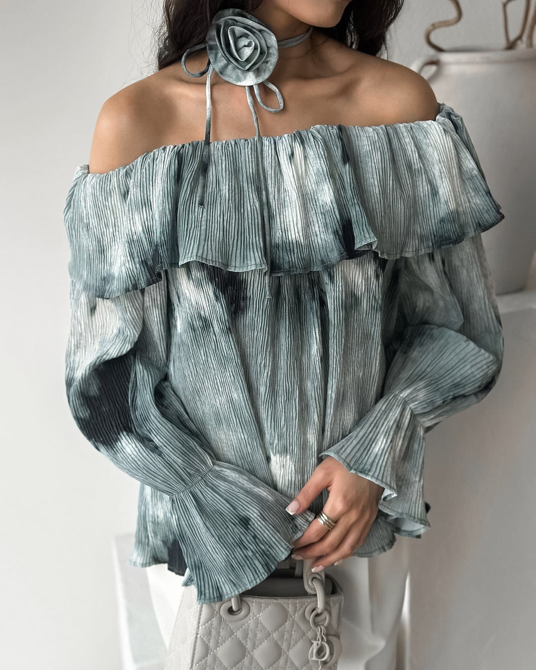 LADIES OFF THE SHOULDER LONG SLEEVE TOP BLUE-GRAY (SIZE S - L)