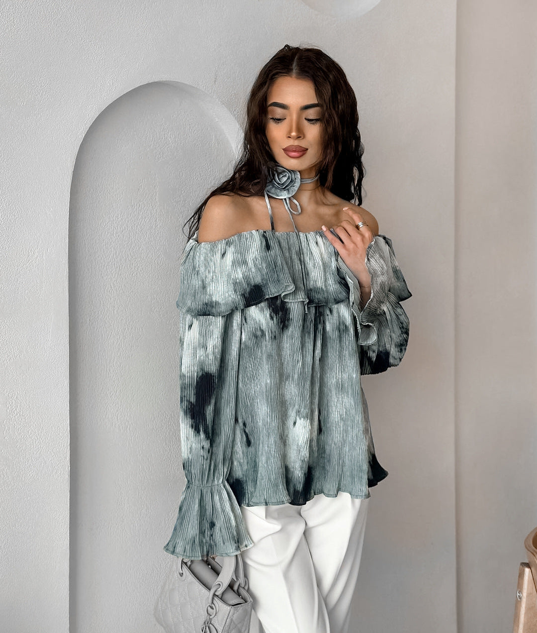 LADIES OFF THE SHOULDER LONG SLEEVE TOP BLUE-GRAY (SIZE S - L)