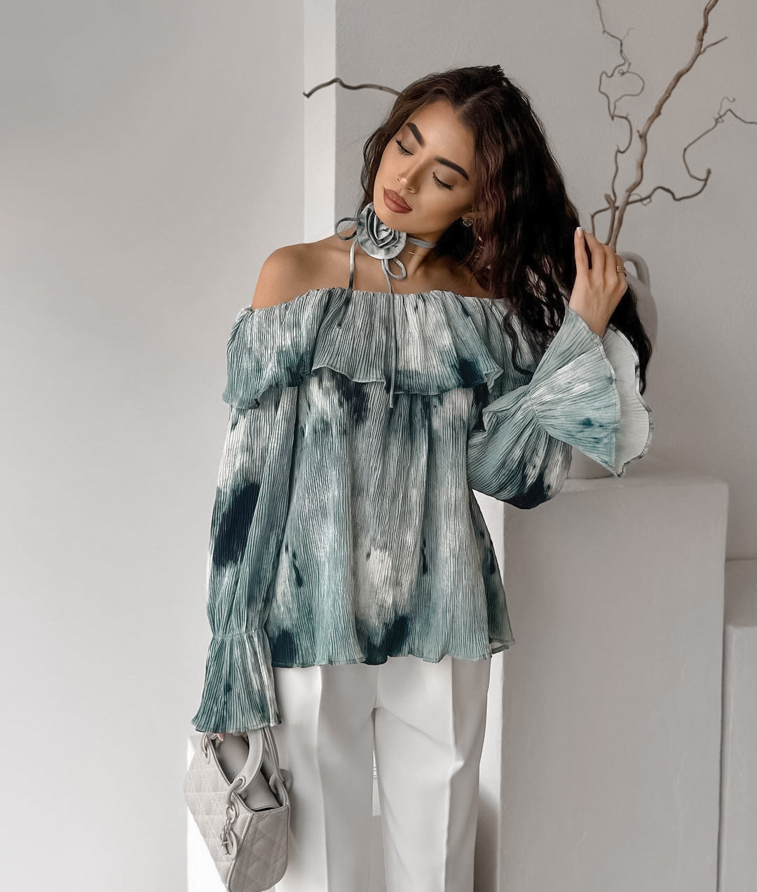 LADIES OFF THE SHOULDER LONG SLEEVE TOP BLUE-GRAY (SIZE S - L)