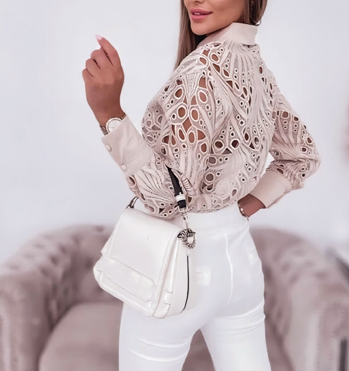 LADIES LONG SLEEVE SHIRT WHITE / BLACK / PINK (SIZE S - 2XL)
