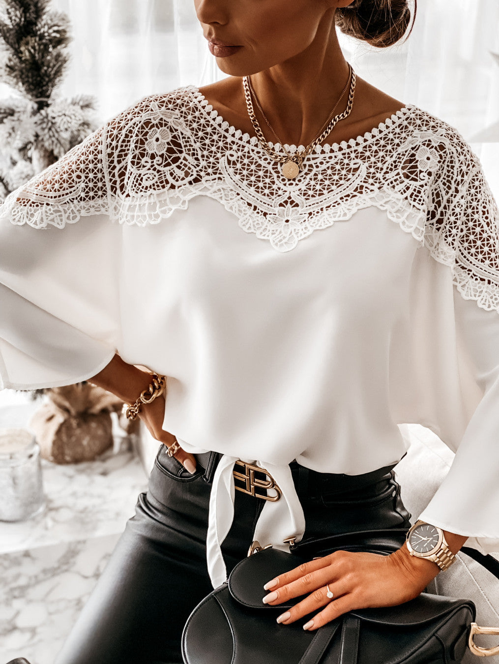 LADIES LONG SLEEVE SHIRT WHITE / BLACK (SIZE S - 2XL)
