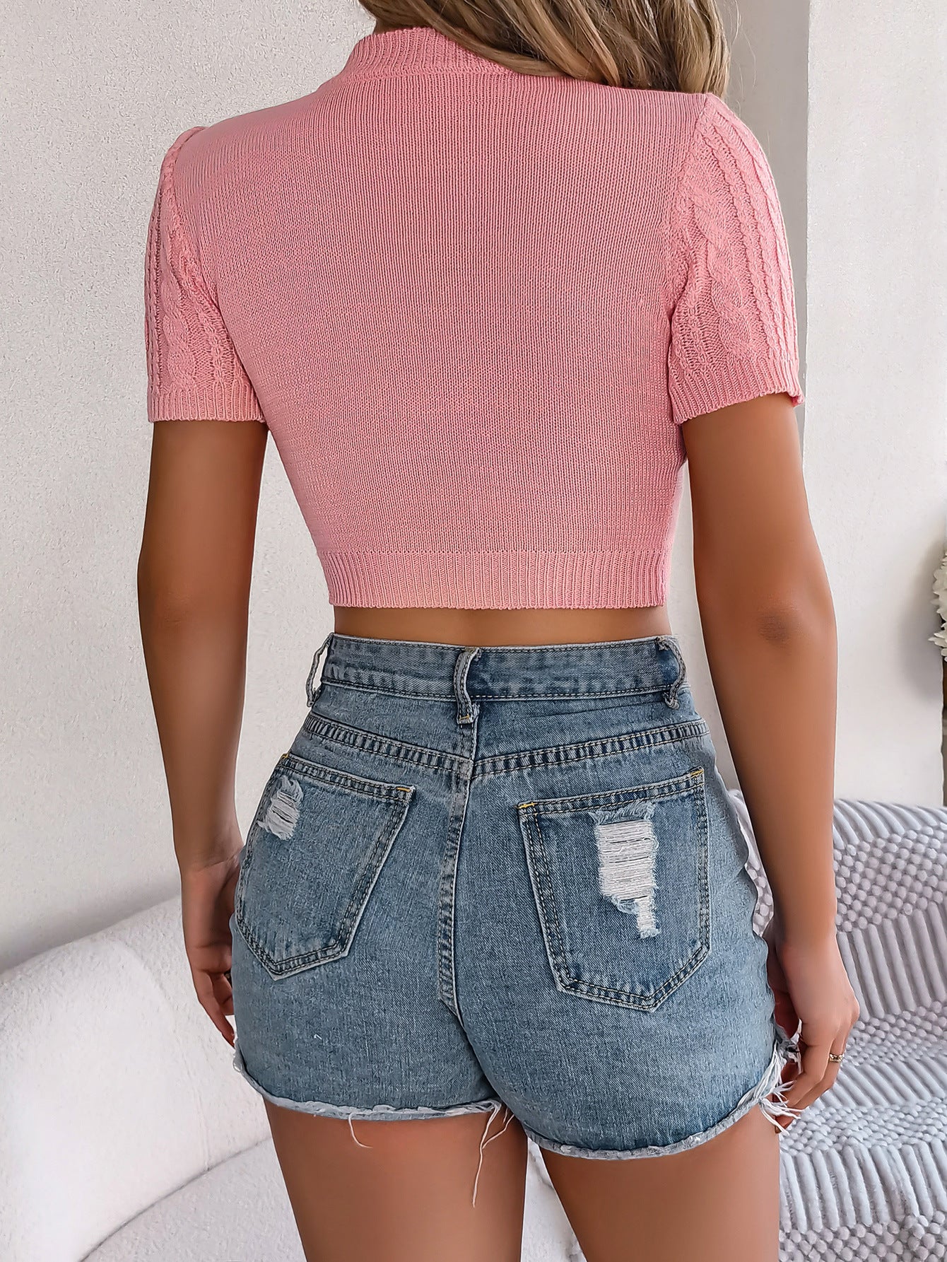 LADIES SHORT SLEEVE CROPPED SWEATER TOP KHAKI / WHITE / PINK / GREEN / DARK PINK (SIZE S - XL)