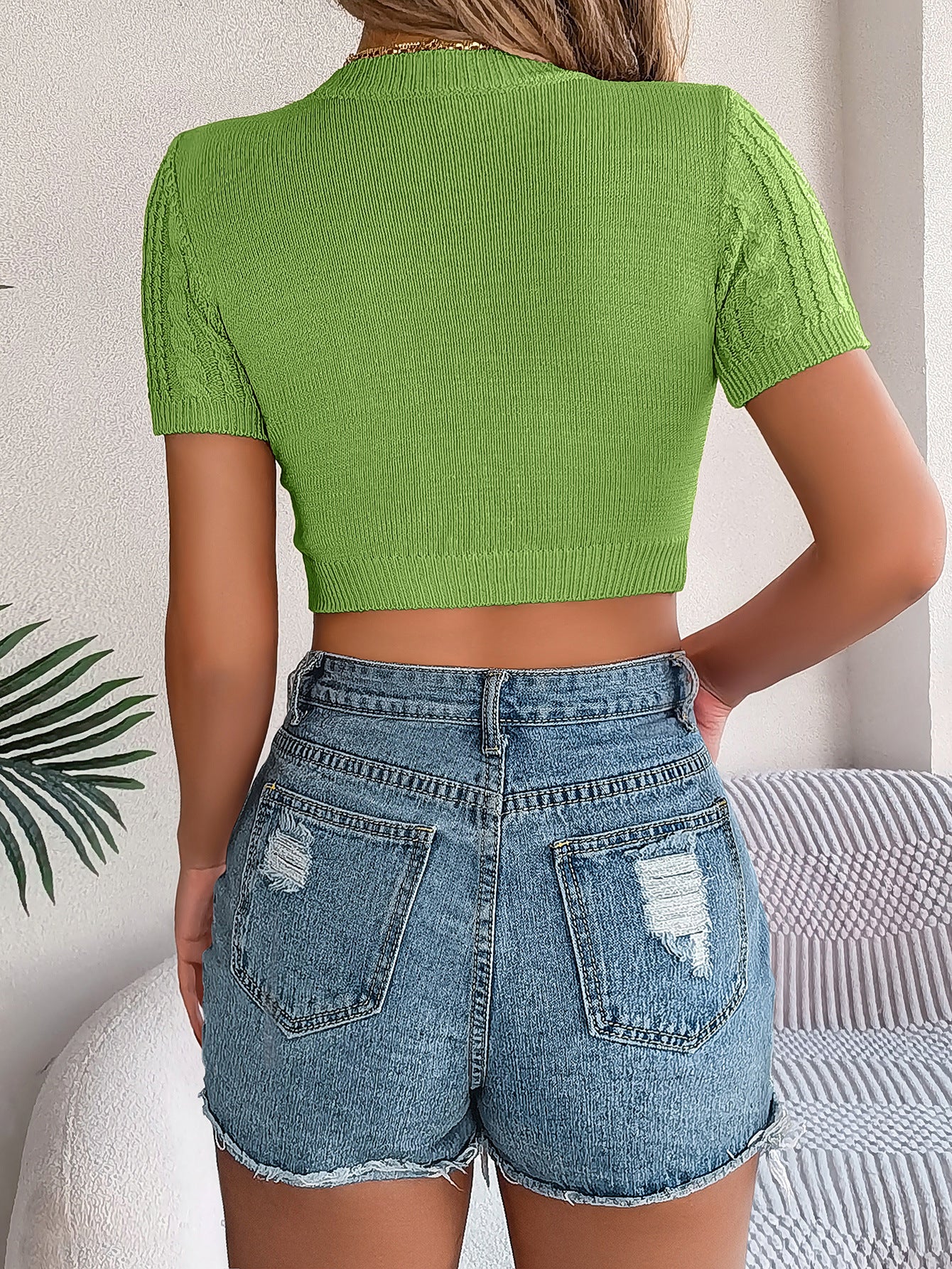 LADIES SHORT SLEEVE CROPPED SWEATER TOP KHAKI / WHITE / PINK / GREEN / DARK PINK (SIZE S - XL)