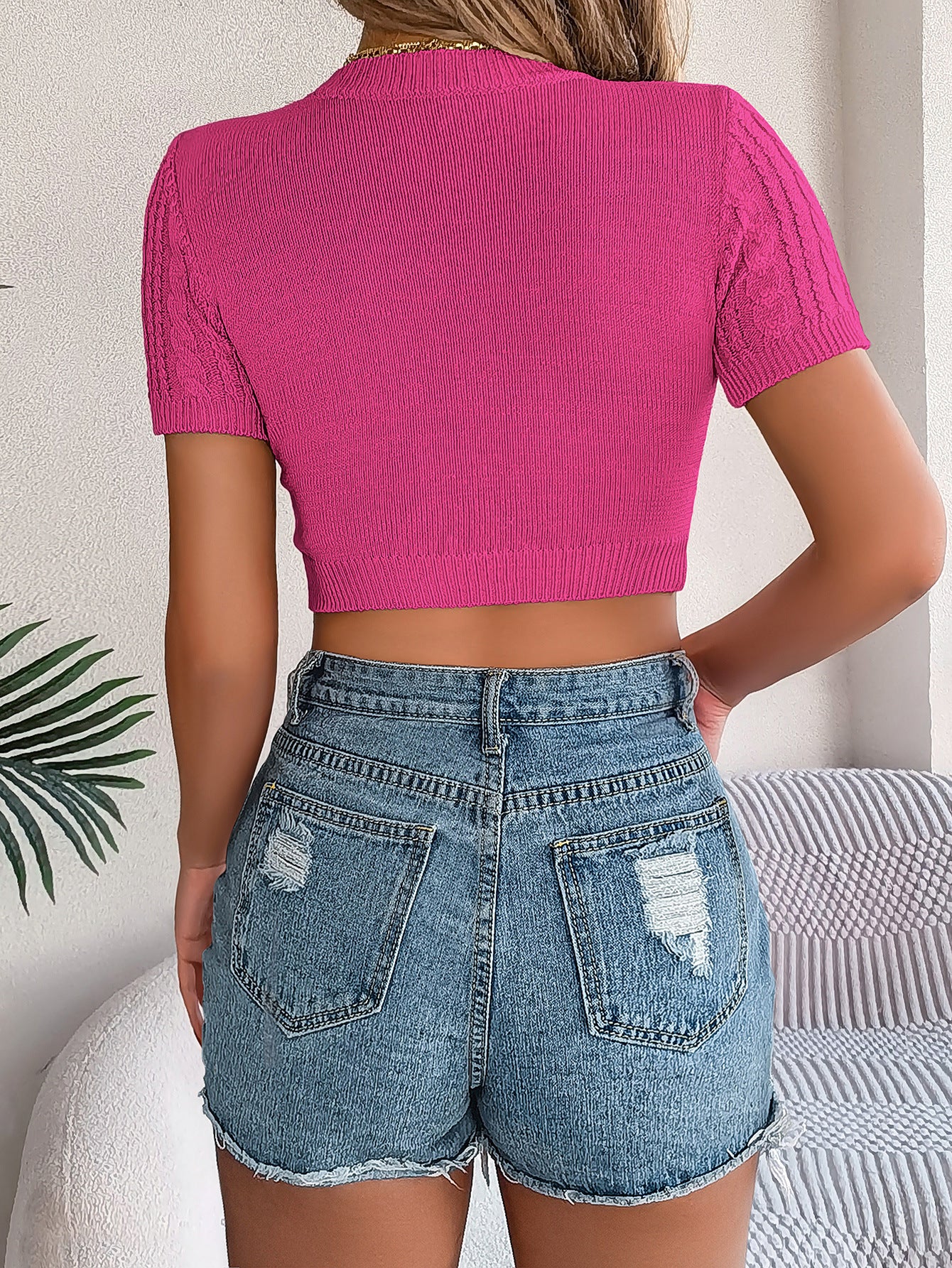 LADIES SHORT SLEEVE CROPPED SWEATER TOP KHAKI / WHITE / PINK / GREEN / DARK PINK (SIZE S - XL)