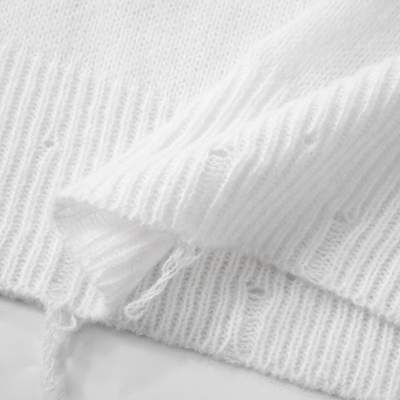 LADIES LONG SLEEVE DISTRESSED KNITTED SWEATER WHITE (SIZE S - L)