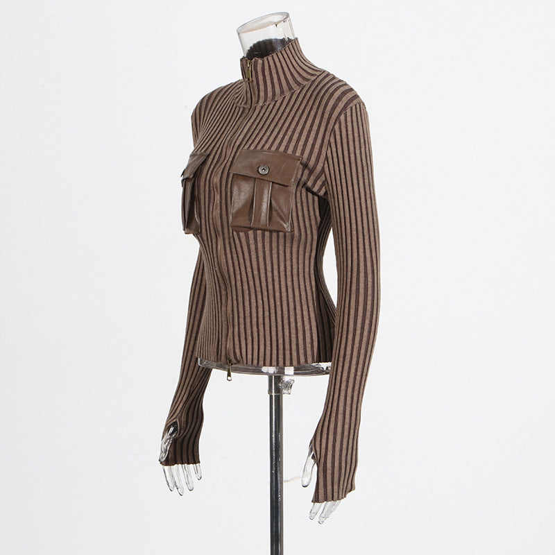 LADIES LONG SLEEVE KNITTED TOP BROWN / BLACK / WHITE (FREE SIZE)