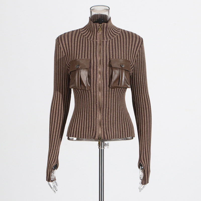 LADIES LONG SLEEVE KNITTED TOP BROWN / BLACK / WHITE (FREE SIZE)