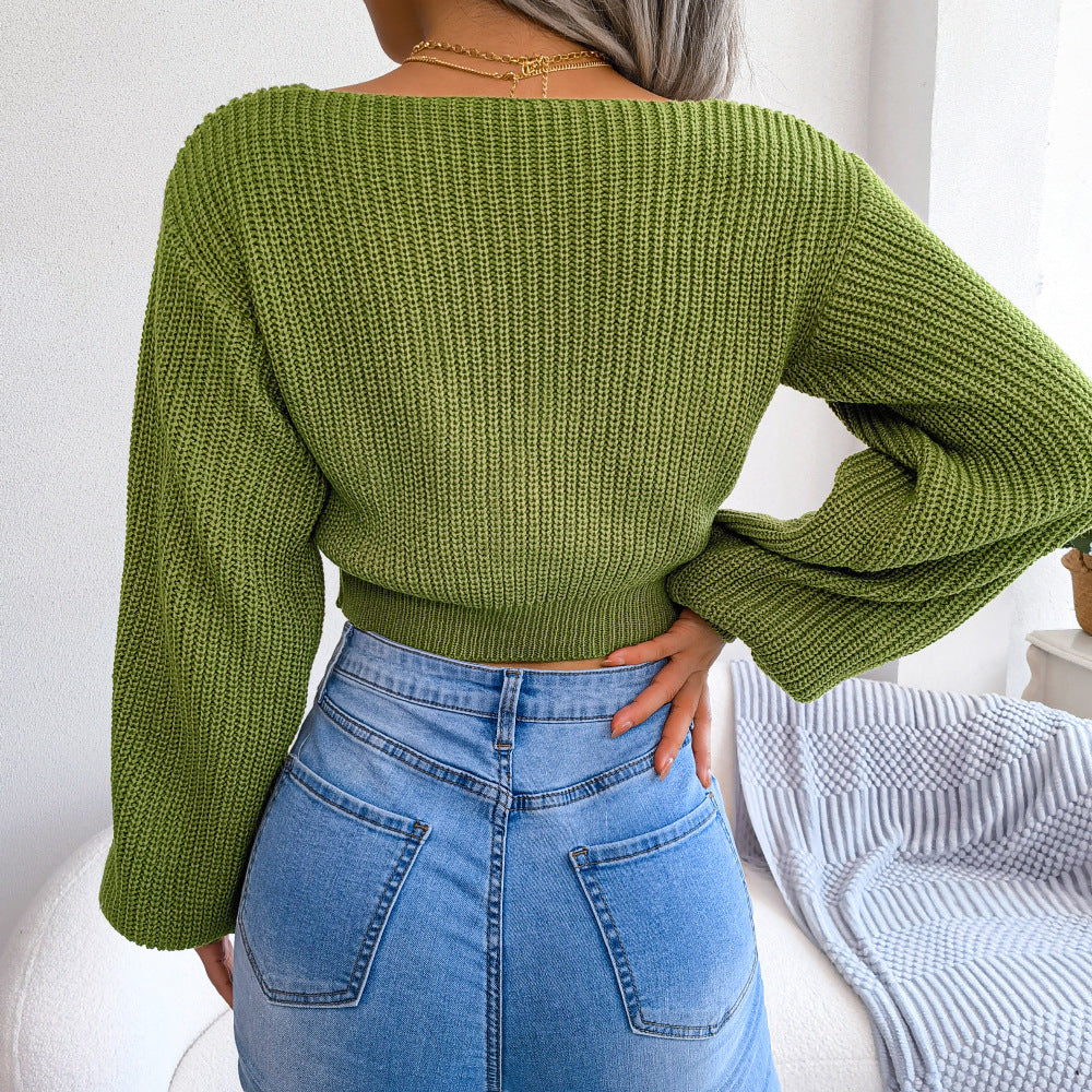 LADIES LONG SLEEVE CROPPED SWEATER LIGHT BLUE / WHITE / GREEN / DARK PINK (SIZE S - L)