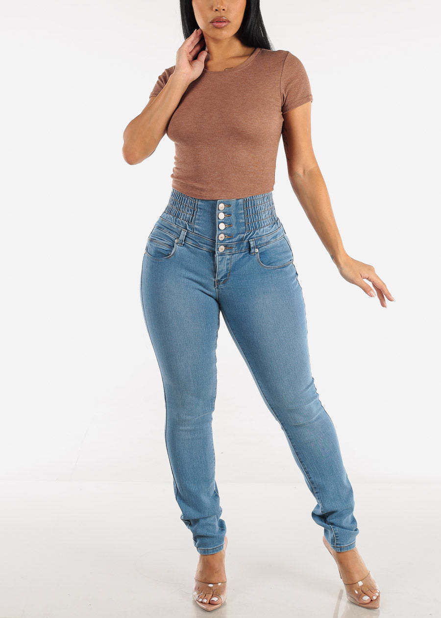 LADIES HIGH WAIST STRETCHY DENIM JEANS LIGHT BLUE DENIM / DARK BLUE DENIM (SIZE S - 2XL)