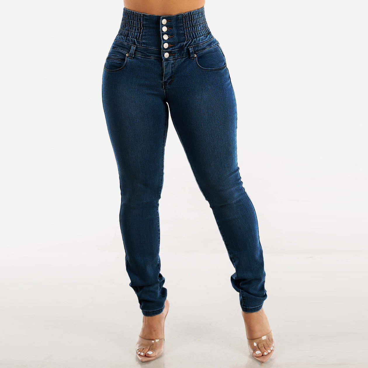 LADIES HIGH WAIST STRETCHY DENIM JEANS LIGHT BLUE DENIM / DARK BLUE DENIM (SIZE S - 2XL)