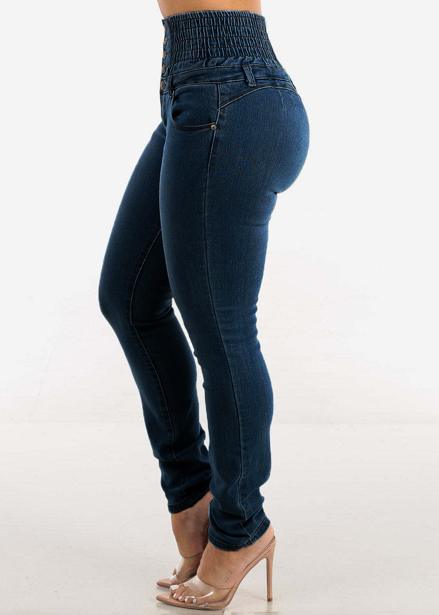 LADIES HIGH WAIST STRETCHY DENIM JEANS LIGHT BLUE DENIM / DARK BLUE DENIM (SIZE S - 2XL)