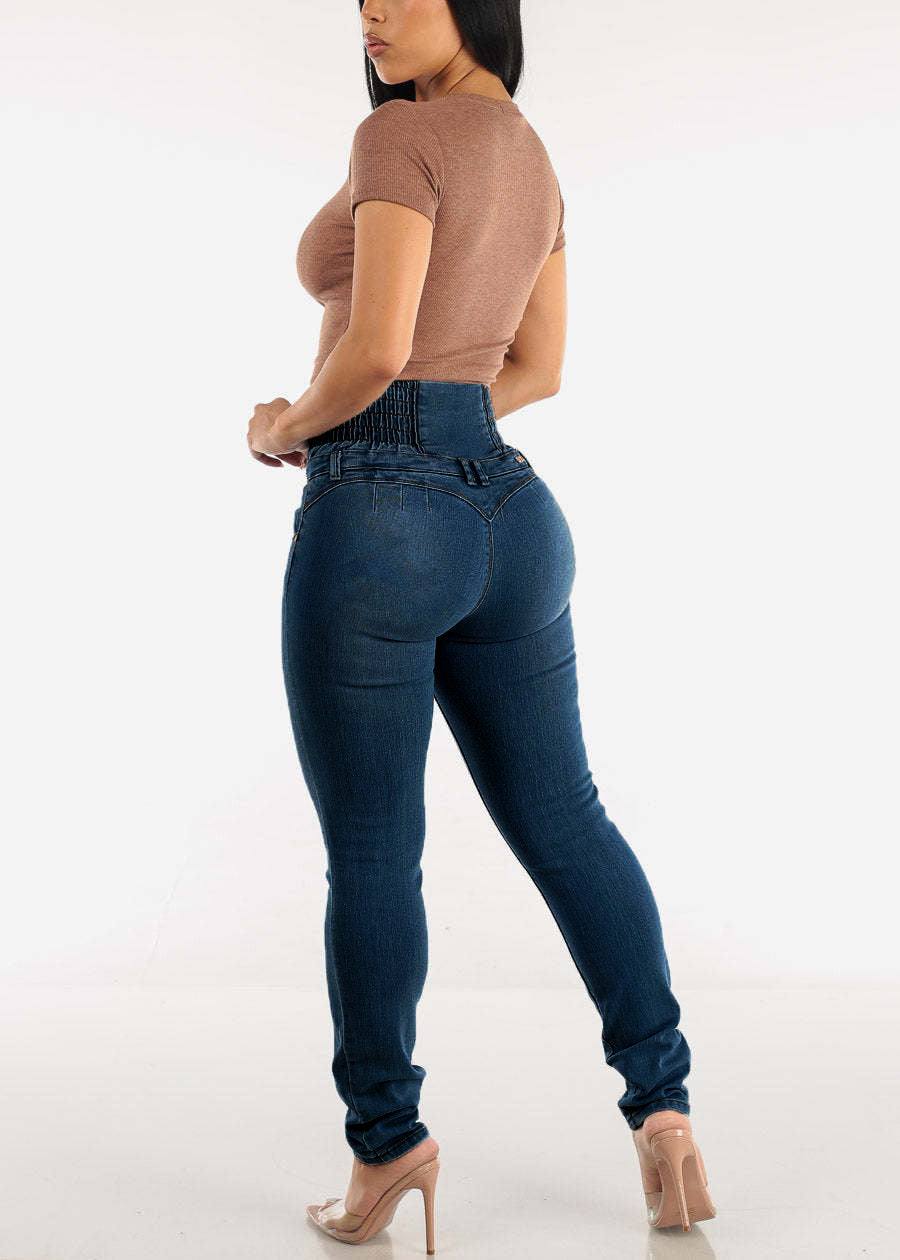 LADIES HIGH WAIST STRETCHY DENIM JEANS LIGHT BLUE DENIM / DARK BLUE DENIM (SIZE S - 2XL)