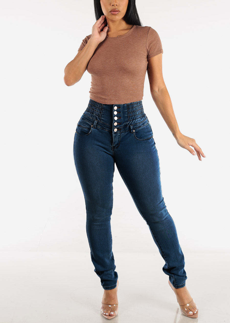 LADIES HIGH WAIST STRETCHY DENIM JEANS LIGHT BLUE DENIM / DARK BLUE DENIM (SIZE S - 2XL)