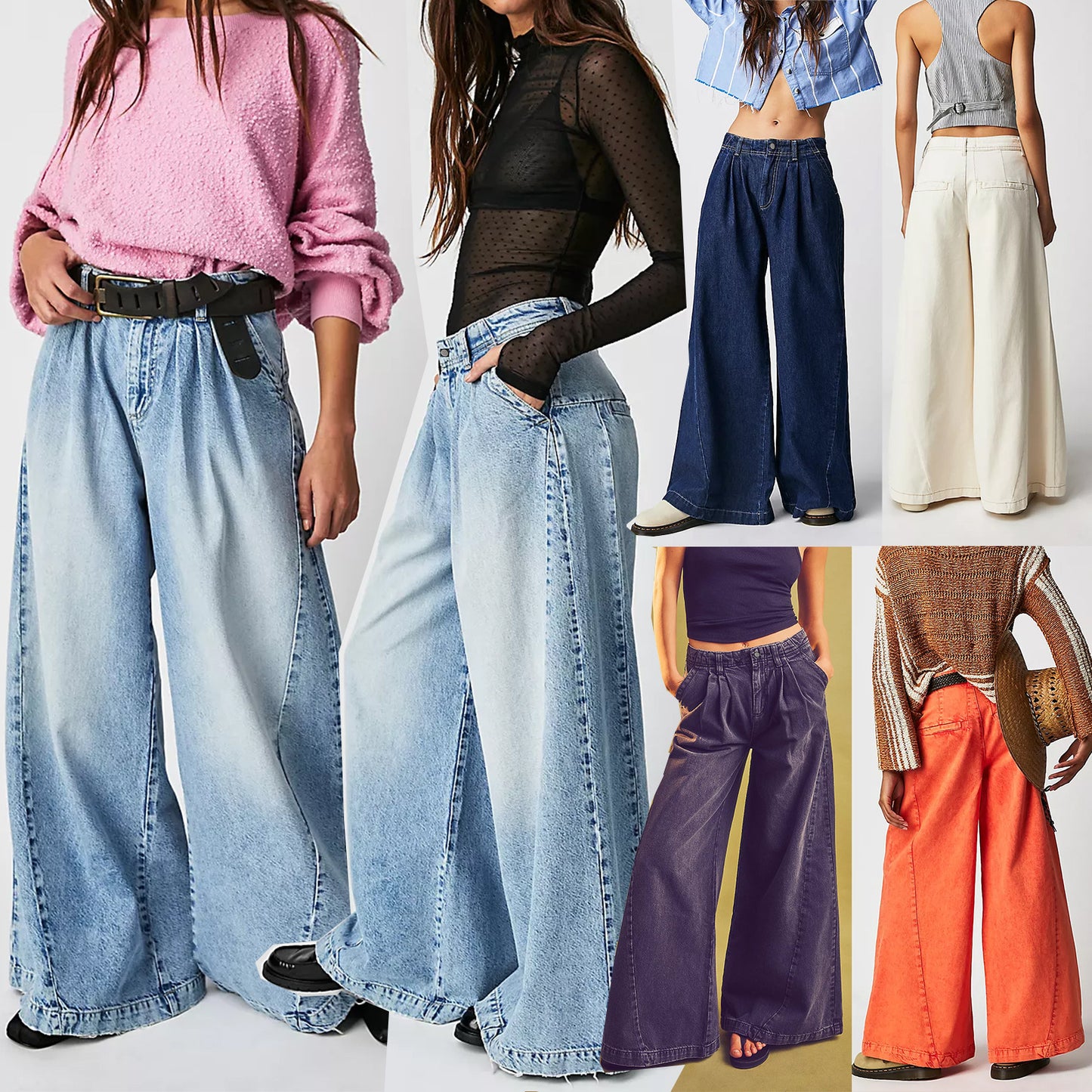 LADIES WIDE LEG JEANS DARK BLUE / LIGHT BLUE / OFF-WHITE / ORANGE / BLACK (SIZE XS - L)