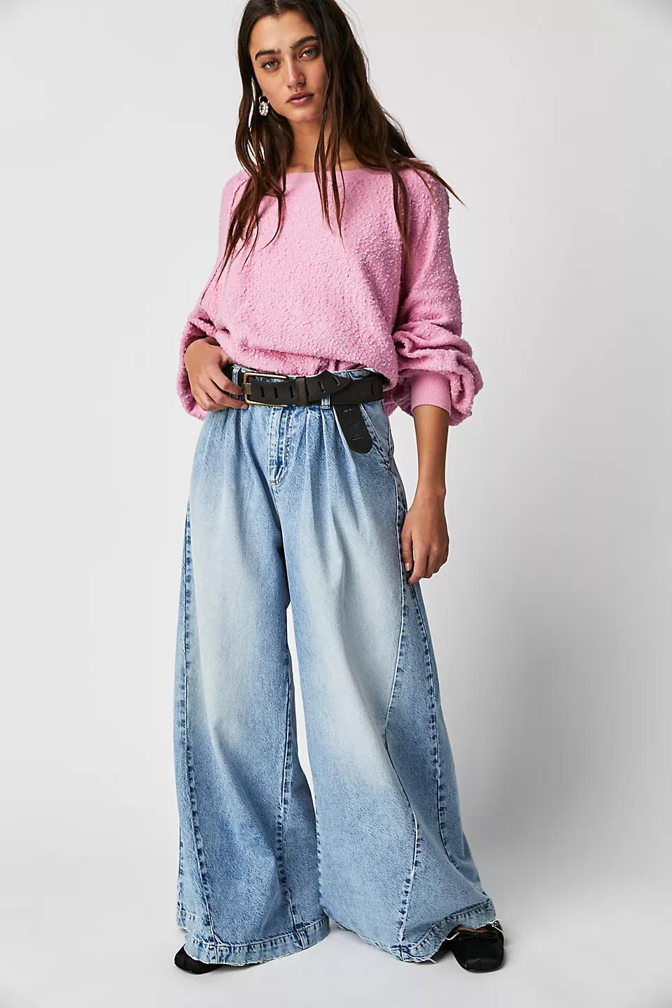 LADIES WIDE LEG JEANS DARK BLUE / LIGHT BLUE / OFF-WHITE / ORANGE / BLACK (SIZE XS - L)