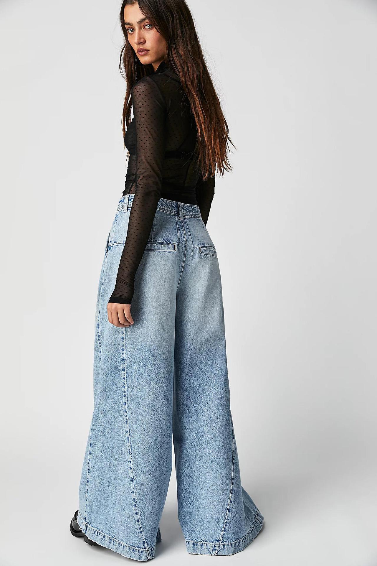 LADIES WIDE LEG JEANS DARK BLUE / LIGHT BLUE / OFF-WHITE / ORANGE / BLACK (SIZE XS - L)