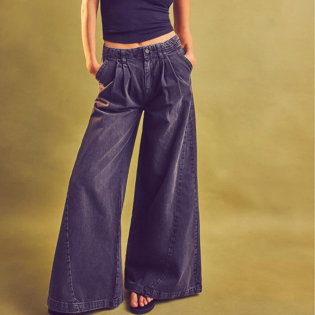 LADIES WIDE LEG JEANS DARK BLUE / LIGHT BLUE / OFF-WHITE / ORANGE / BLACK (SIZE XS - L)