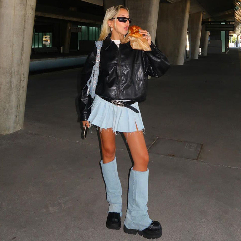 LADIES DENIM PLEATED MINI SKIRT BLUE (SIZE S - L)