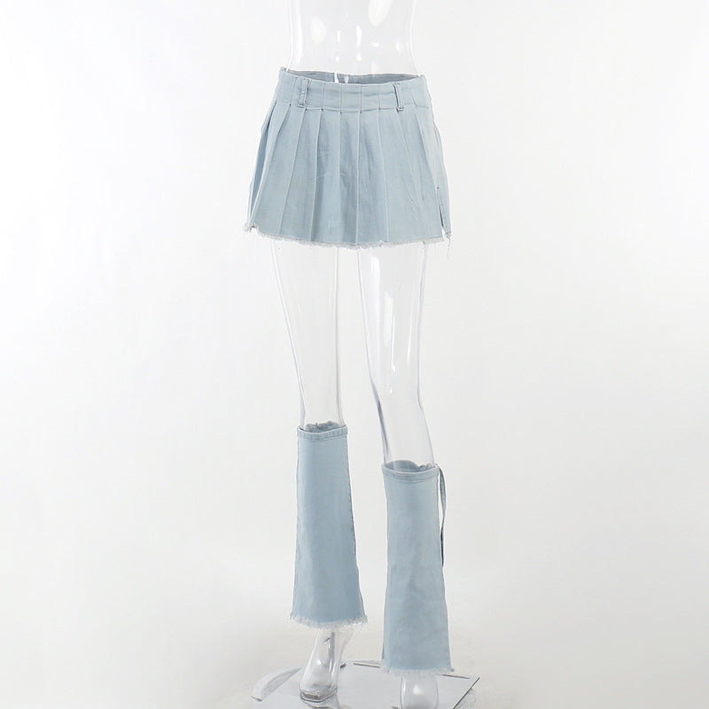 LADIES DENIM PLEATED MINI SKIRT BLUE (SIZE S - L)