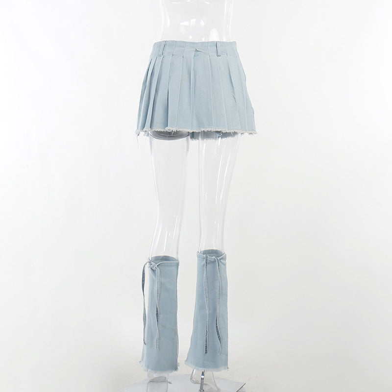 LADIES DENIM PLEATED MINI SKIRT BLUE (SIZE S - L)