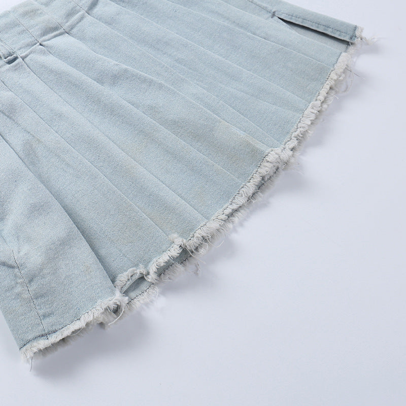 LADIES DENIM PLEATED MINI SKIRT BLUE (SIZE S - L)