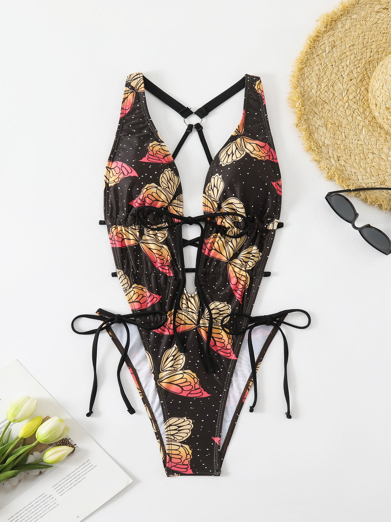 LADIES ONE PIECE SWIMSUIT BLACK MULTI COLOUR (SIZE S - L)
