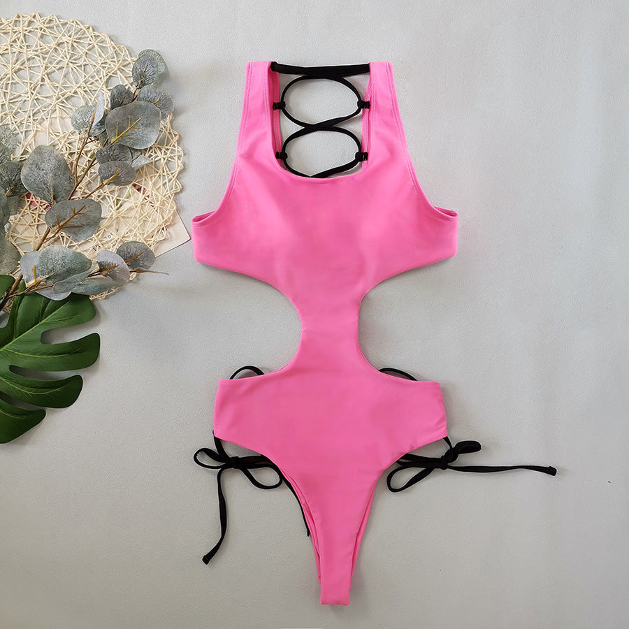 LADIES ONE PIECE LACE UP SWIMSUIT PINK (SIZE S - L)