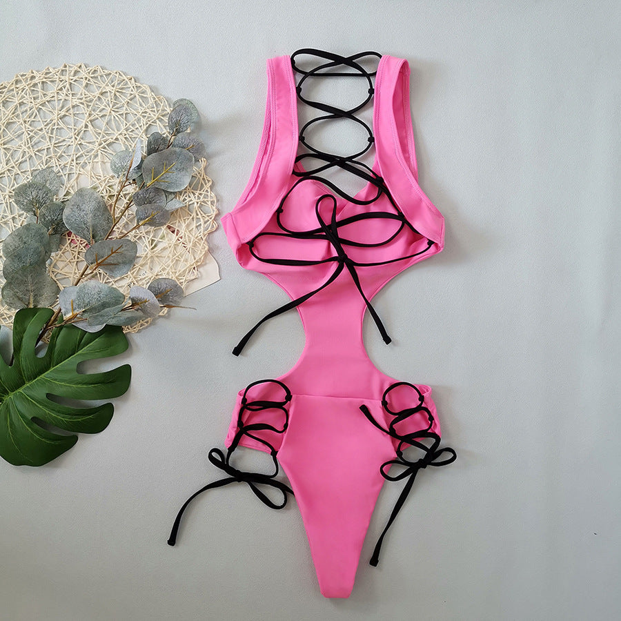 LADIES ONE PIECE LACE UP SWIMSUIT PINK (SIZE S - L)