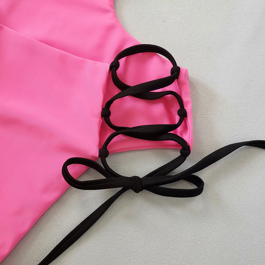LADIES ONE PIECE LACE UP SWIMSUIT PINK (SIZE S - L)
