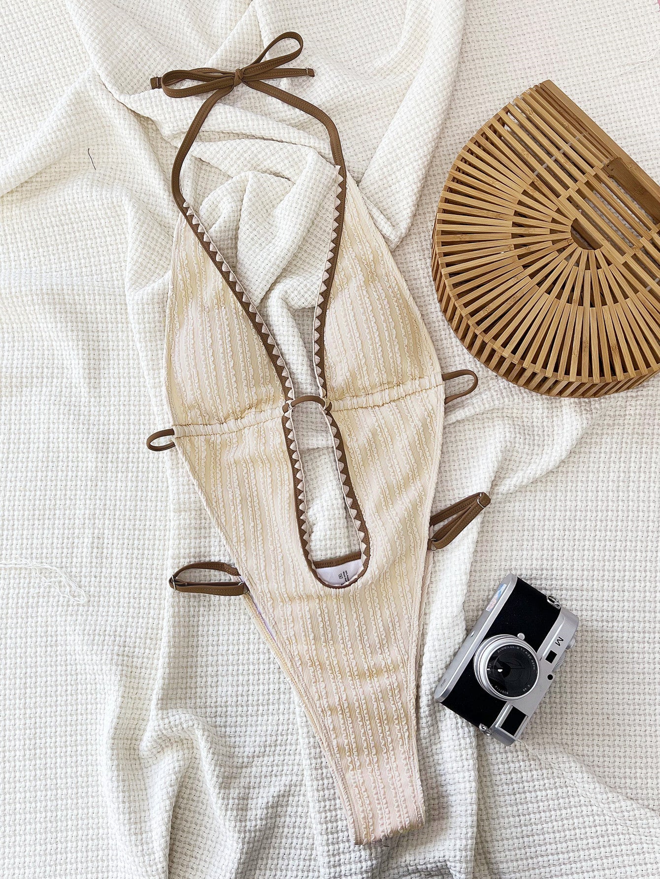 LADIES ONE PIECE SWIMSUIT BEIGE-COFFEE (SIZE S - L)