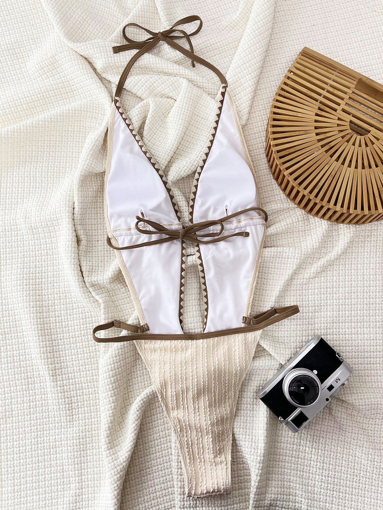 LADIES ONE PIECE SWIMSUIT BEIGE-COFFEE (SIZE S - L)