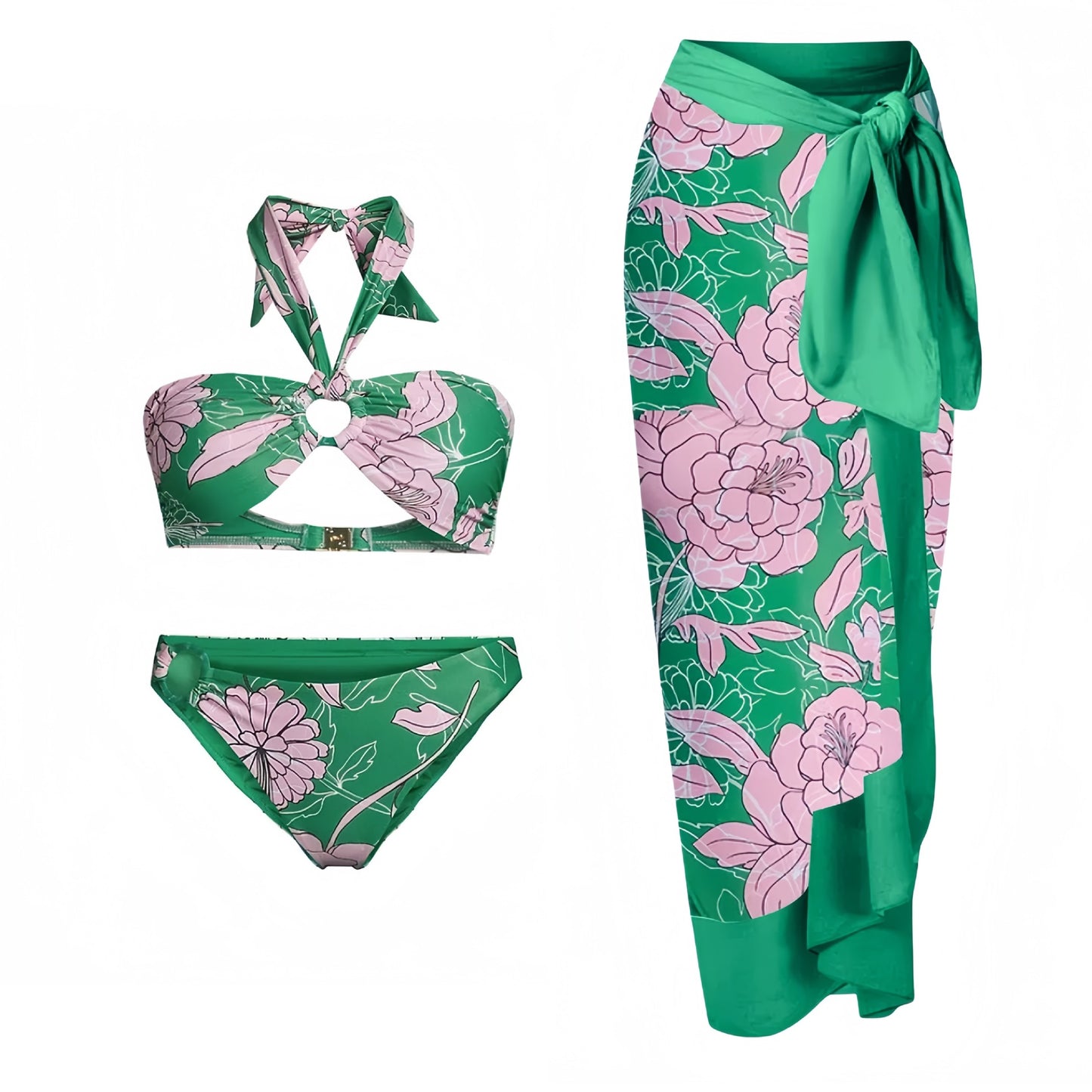 LADIES THREE PIECE BEACHWEAR SET GREEN (SIZE S - XL)