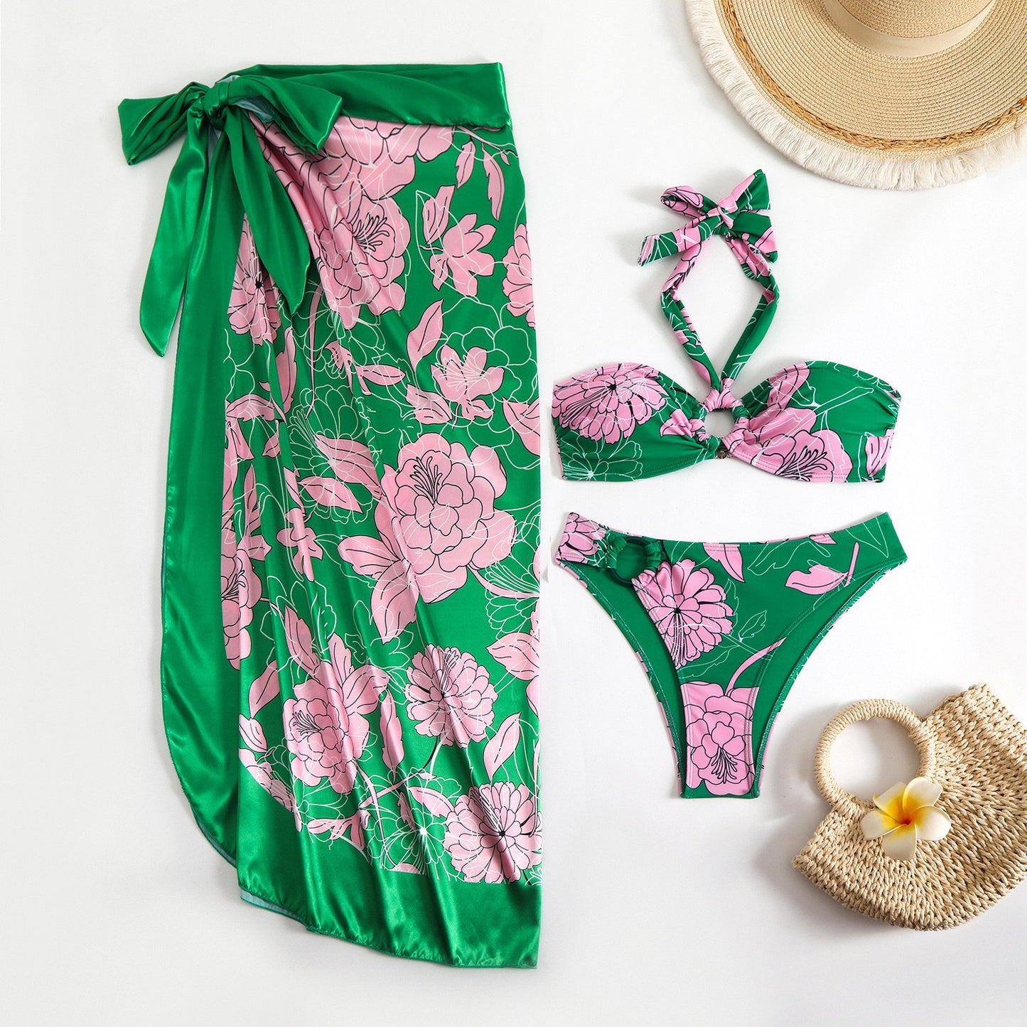 LADIES THREE PIECE BEACHWEAR SET GREEN (SIZE S - XL)